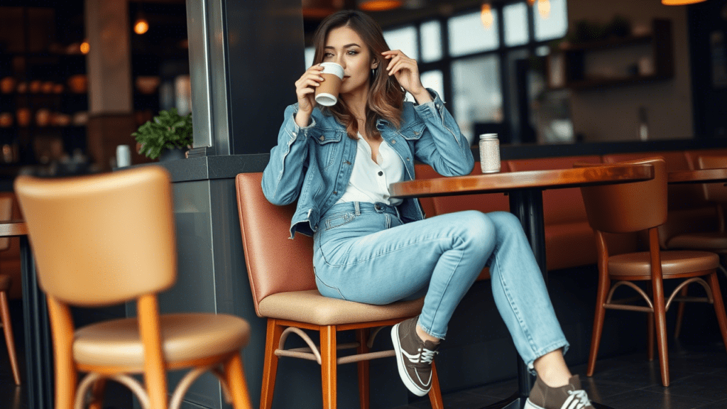 Woman wearing high-waisted jeans and a casual blouse, sitting at a cozy café, sipping coffee and enjoying a relaxed moment