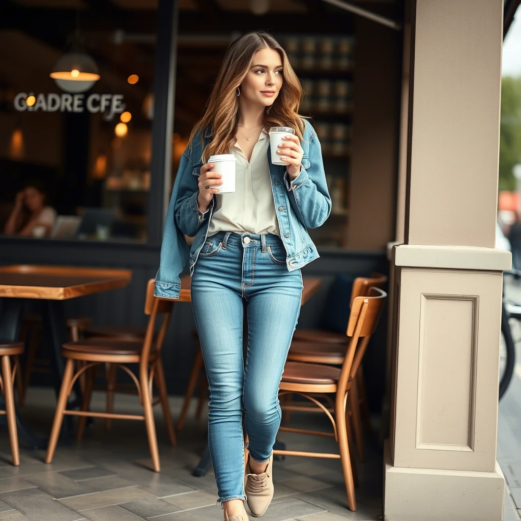 a woman in high-waisted jeans, a casual blouse, and a denim jacket, sipping coffee at a cozy café, with comfortable sneakers or ankle boots.