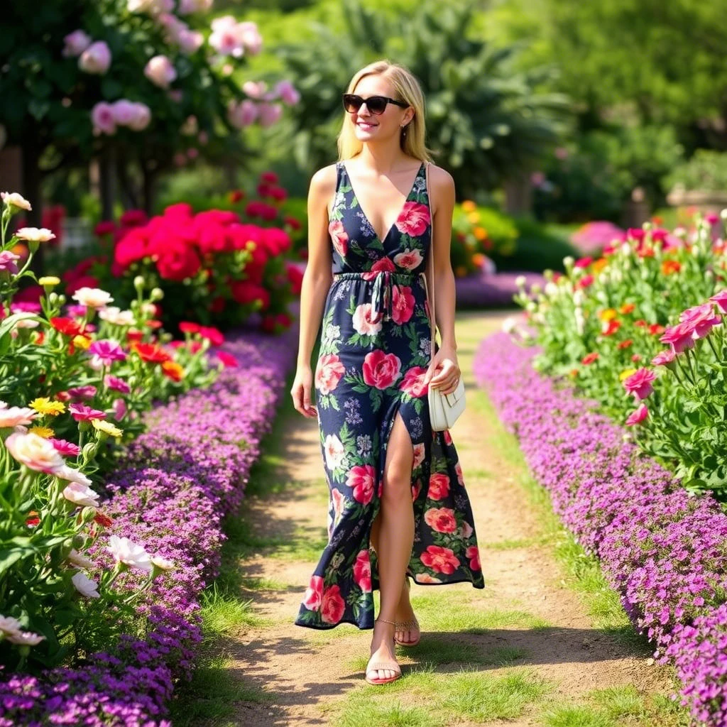 a woman wearing a floral wrap dress, a light cardigan, and comfortable sandals, enjoying a stroll through a sunny park with blooming flowers.