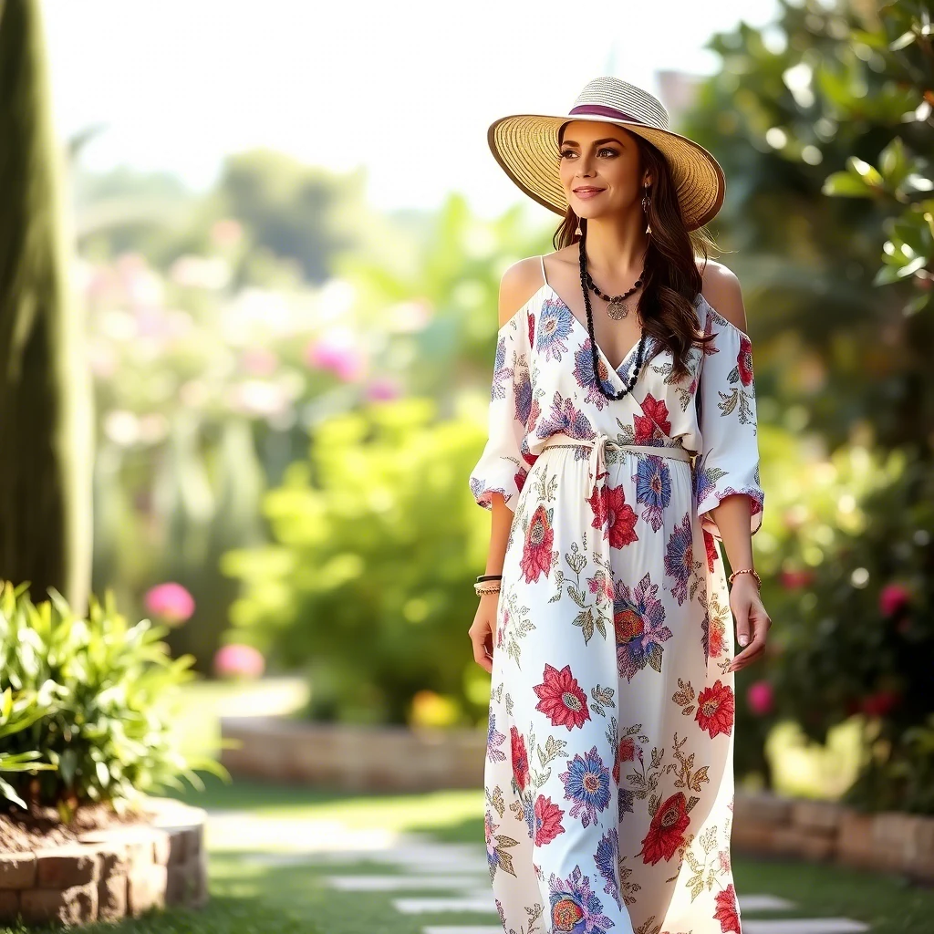 a woman in a maxi dress with a bold floral print, flat sandals, and sunglasses, walking along a beach or in a casual outdoor setting.