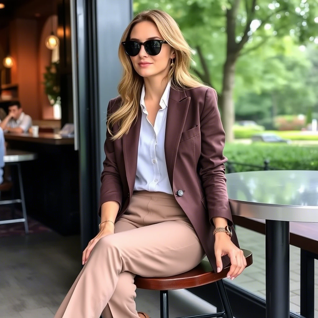 a woman wearing a blazer over a slim-fit shirt, paired with chinos and loafers, sitting in a casual setting like a coffee shop or park.