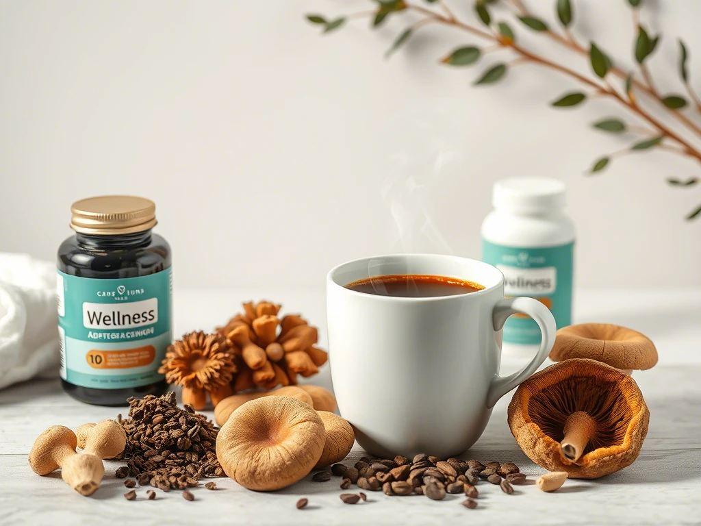 A steaming cup of coffee next to wellness supplements, adaptogens, and mushrooms, highlighting the wellness coffee trend