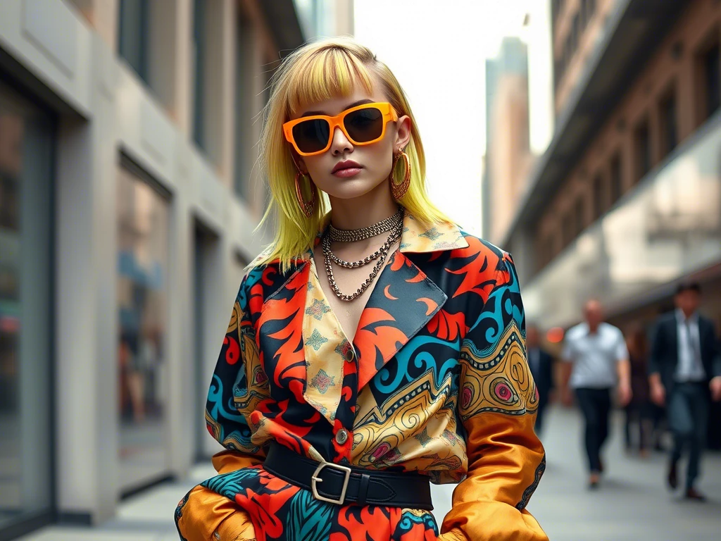 A bold, maximalist outfit featuring clashing prints, neon accessories, and chunky highlights, embodying the fashion Trends 2025 Lifestyle